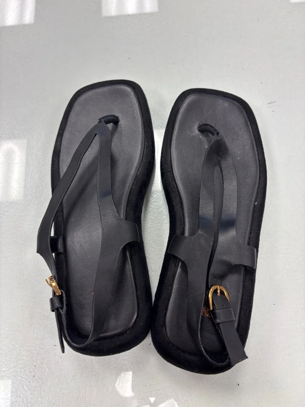 Zara suede leather Black Square-Toe Thong Sandals - Picture 6 of 6
